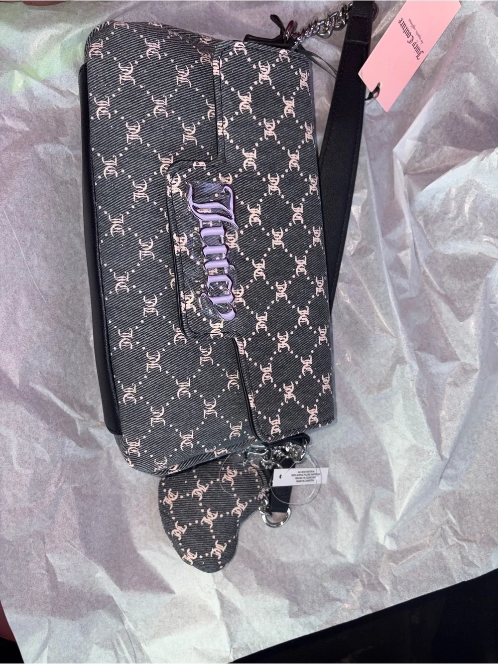 Juicy Couture Black and White Monogram Crossbody Bag with Chain Strap